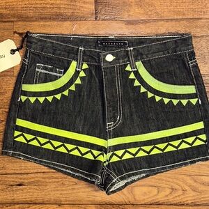 Washborn ~ Denim Black W/ Lime Green Aztec/Tribal Design ~ Shorts ~ New W/ Tags